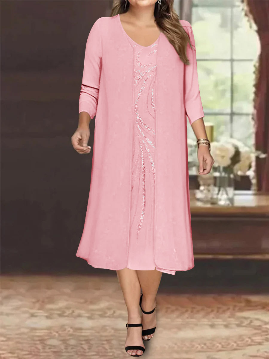 Sheath/Column V-Neck Long Sleeves Tea-Length Plus Size Mother of the Bride Dresses with Jacket & Sequins Beading