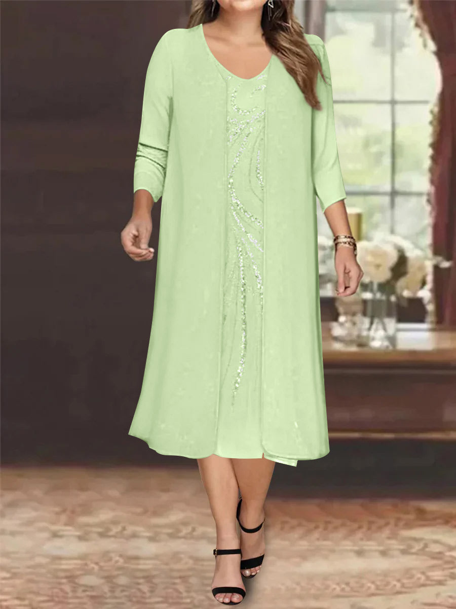 Sheath/Column V-Neck Long Sleeves Tea-Length Plus Size Mother of the Bride Dresses with Jacket & Sequins Beading