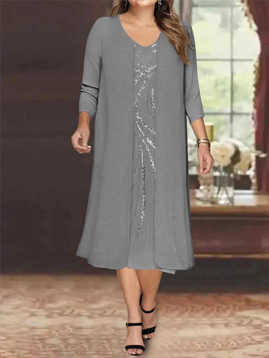 Sheath/Column V-Neck Long Sleeves Tea-Length Plus Size Mother of the Bride Dresses with Jacket & Sequins Beading