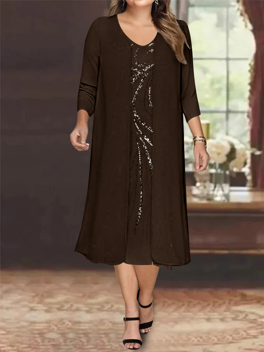 Sheath/Column V-Neck Long Sleeves Tea-Length Plus Size Mother of the Bride Dresses with Jacket & Sequins Beading
