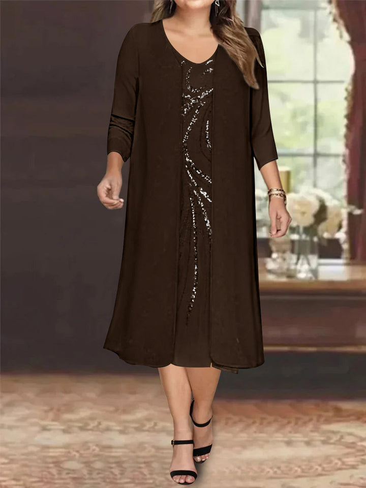 Sheath/Column V-Neck Long Sleeves Tea-Length Plus Size Mother of the Bride Dresses with Jacket & Sequins Beading