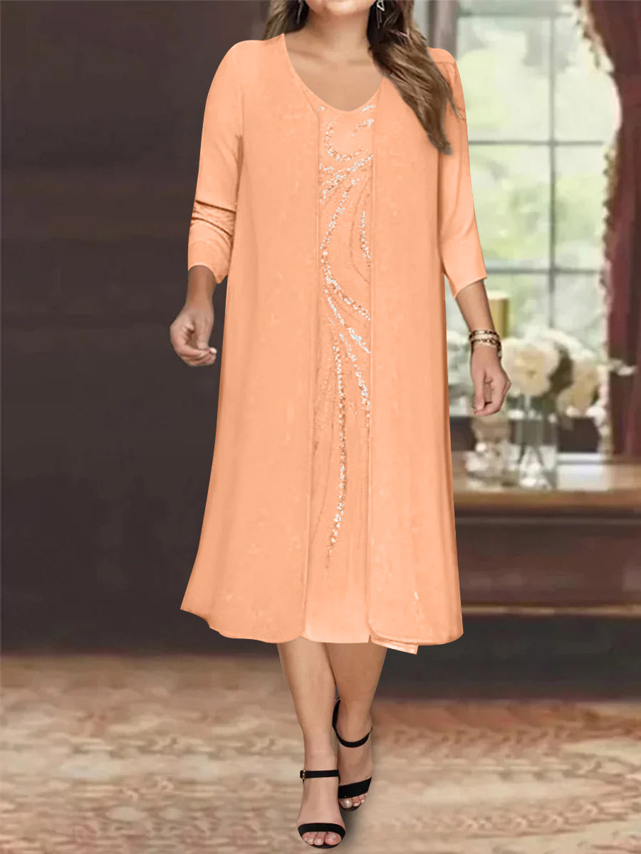 Sheath/Column V-Neck Long Sleeves Tea-Length Plus Size Mother of the Bride Dresses with Jacket & Sequins Beading