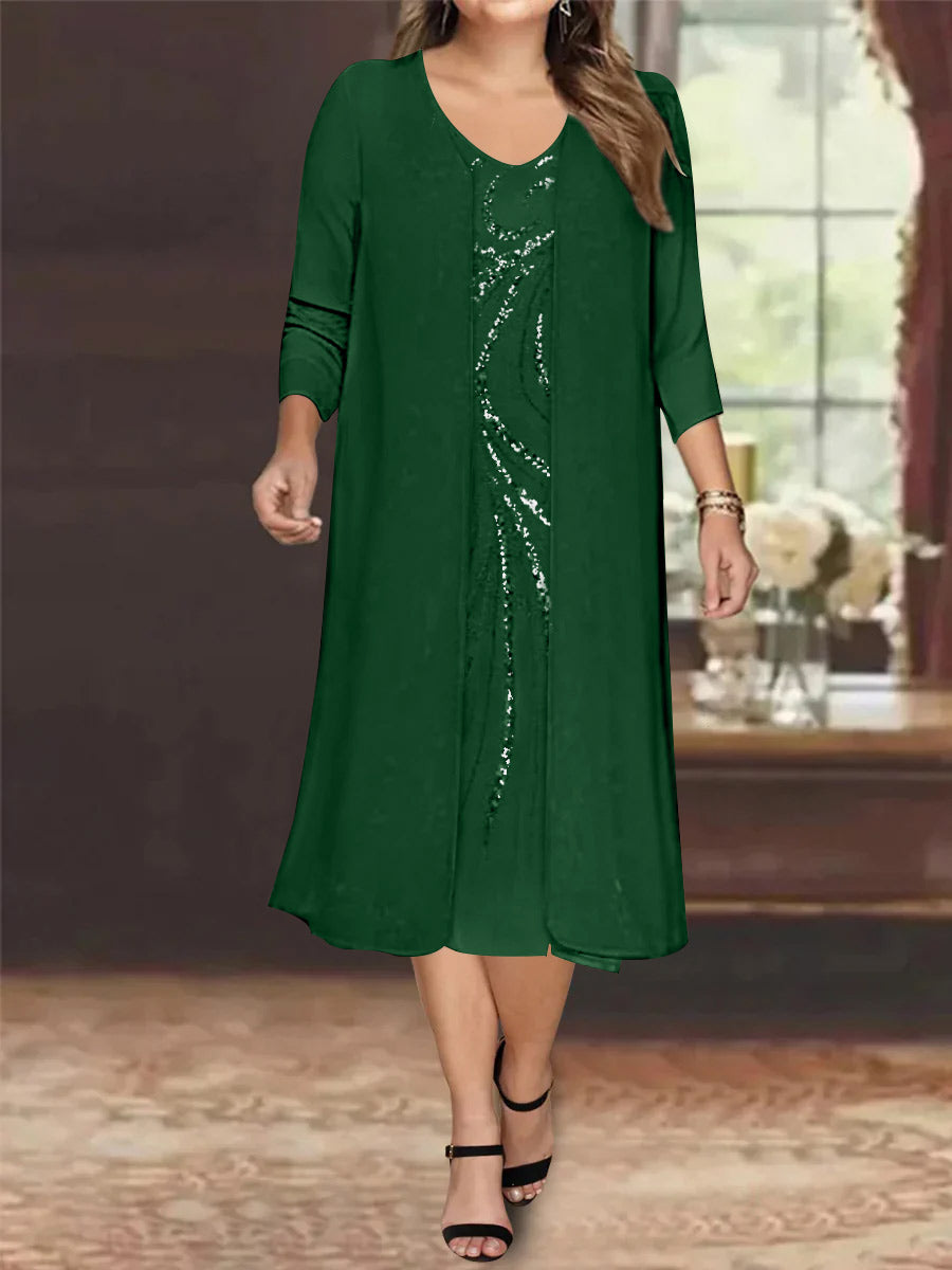 Sheath/Column V-Neck Long Sleeves Tea-Length Plus Size Mother of the Bride Dresses with Jacket & Sequins Beading