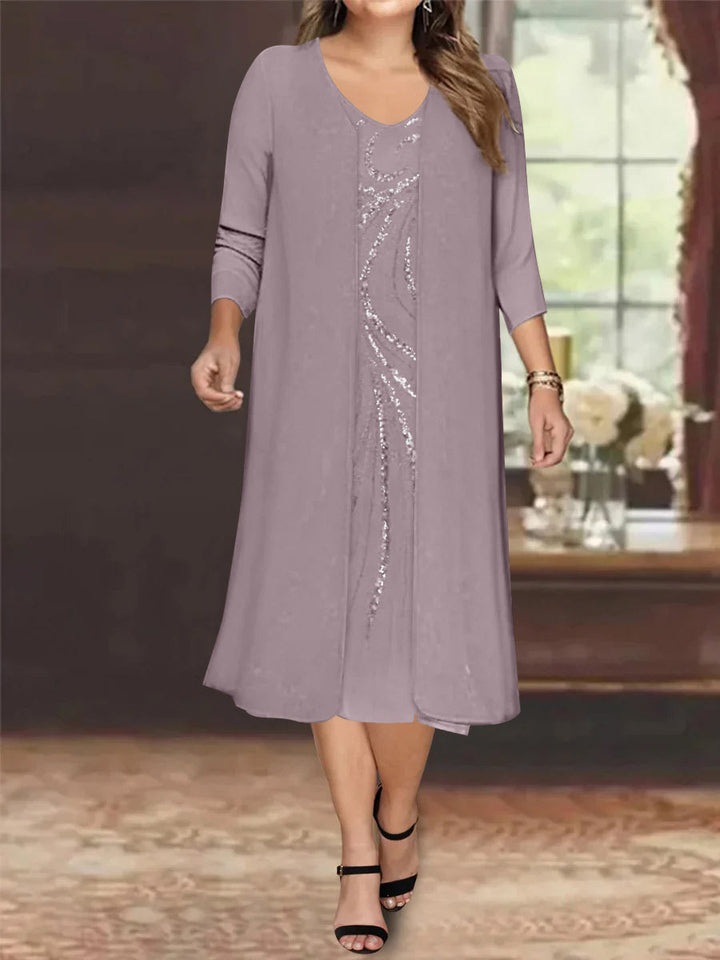 Sheath/Column V-Neck Long Sleeves Tea-Length Plus Size Mother of the Bride Dresses with Jacket & Sequins Beading