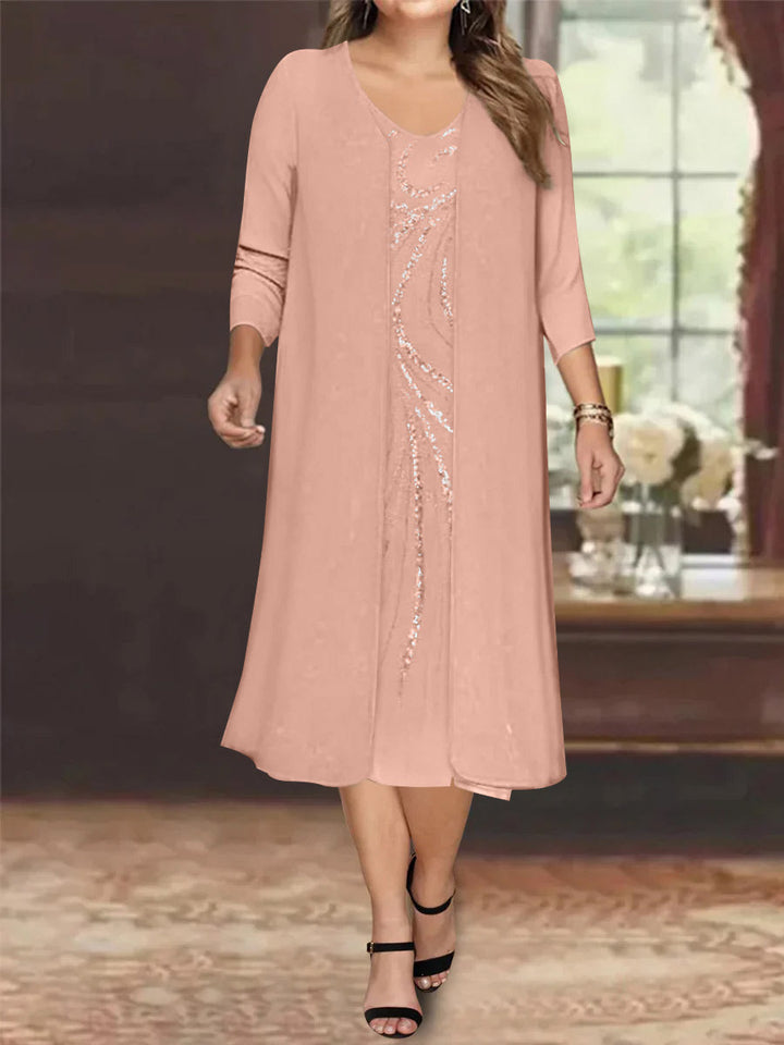 Sheath/Column V-Neck Long Sleeves Tea-Length Plus Size Mother of the Bride Dresses with Jacket & Sequins Beading