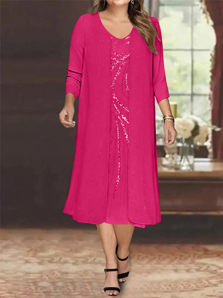 Sheath/Column V-Neck Long Sleeves Tea-Length Plus Size Mother of the Bride Dresses with Jacket & Sequins Beading
