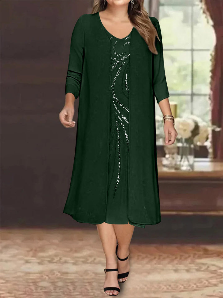 Sheath/Column V-Neck Long Sleeves Tea-Length Plus Size Mother of the Bride Dresses with Jacket & Sequins Beading