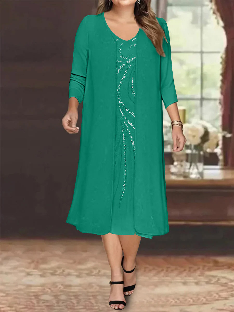 Sheath/Column V-Neck Long Sleeves Tea-Length Plus Size Mother of the Bride Dresses with Jacket & Sequins Beading