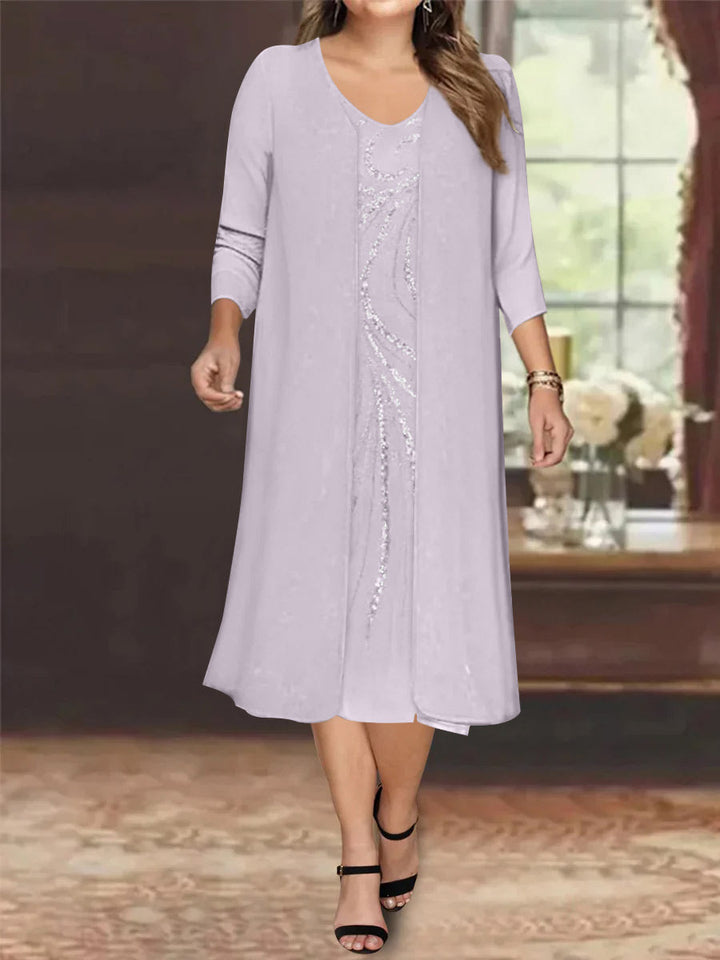 Sheath/Column V-Neck Long Sleeves Tea-Length Plus Size Mother of the Bride Dresses with Jacket & Sequins Beading