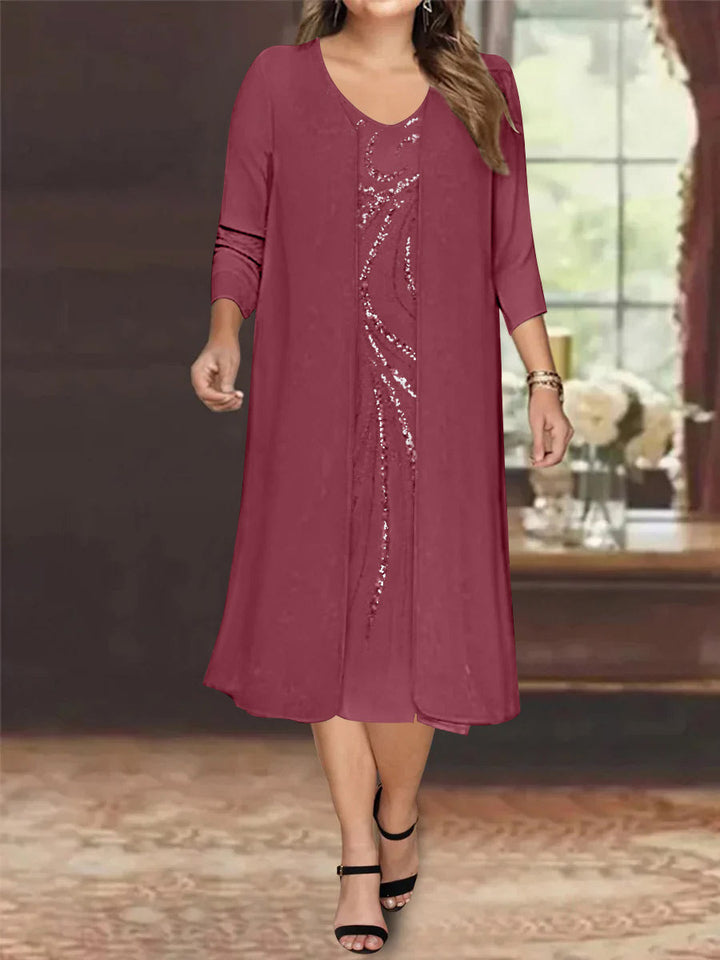 Sheath/Column V-Neck Long Sleeves Tea-Length Plus Size Mother of the Bride Dresses with Jacket & Sequins Beading