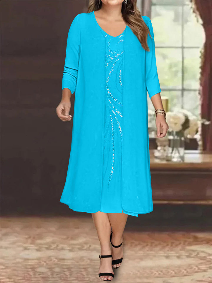 Sheath/Column V-Neck Long Sleeves Tea-Length Plus Size Mother of the Bride Dresses with Jacket & Sequins Beading