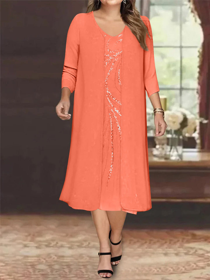 Sheath/Column V-Neck Long Sleeves Tea-Length Plus Size Mother of the Bride Dresses with Jacket & Sequins Beading