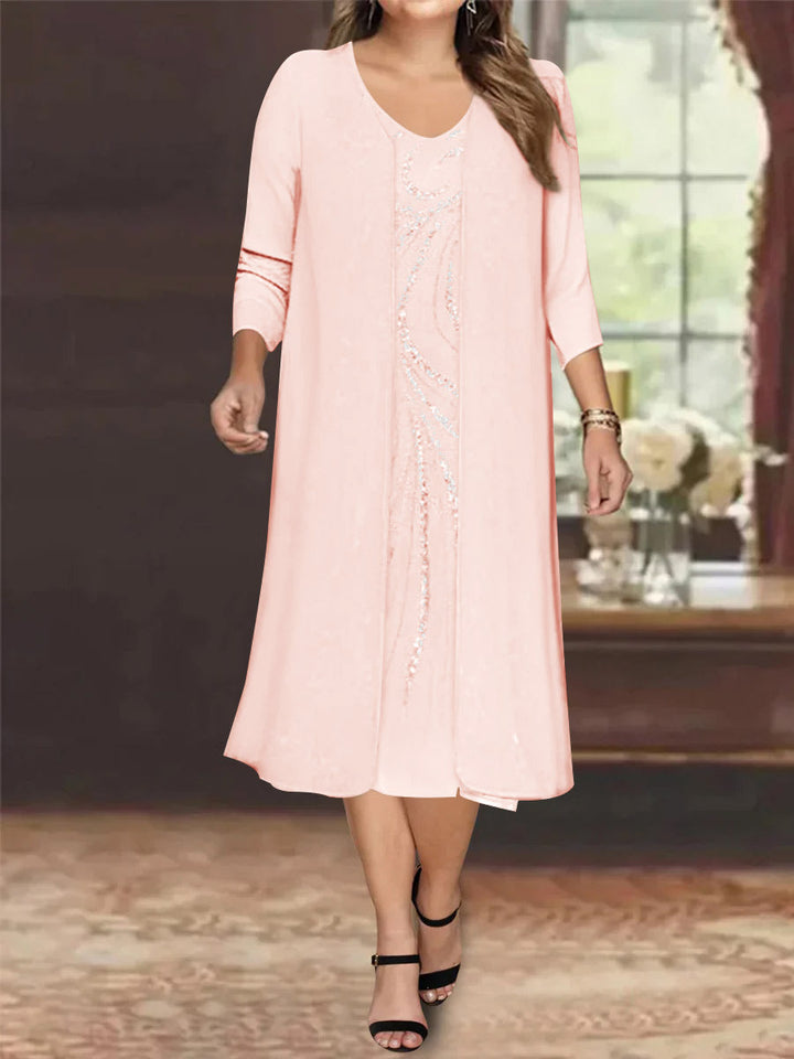 Sheath/Column V-Neck Long Sleeves Tea-Length Plus Size Mother of the Bride Dresses with Jacket & Sequins Beading