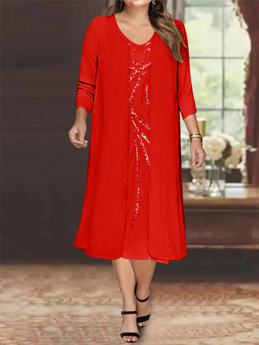 Sheath/Column V-Neck Long Sleeves Tea-Length Plus Size Mother of the Bride Dresses with Jacket & Sequins Beading