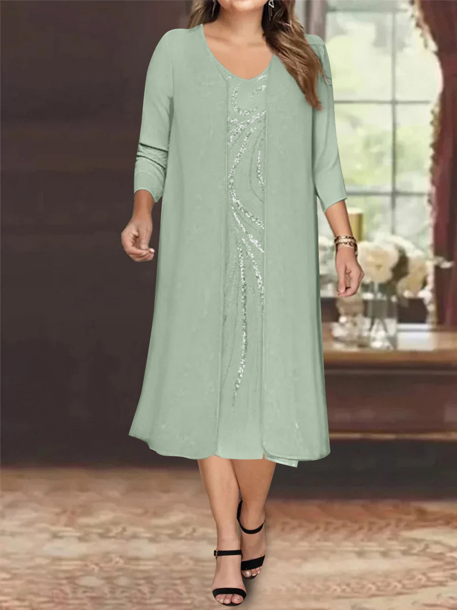 Sheath/Column V-Neck Long Sleeves Tea-Length Plus Size Mother of the Bride Dresses with Jacket & Sequins Beading