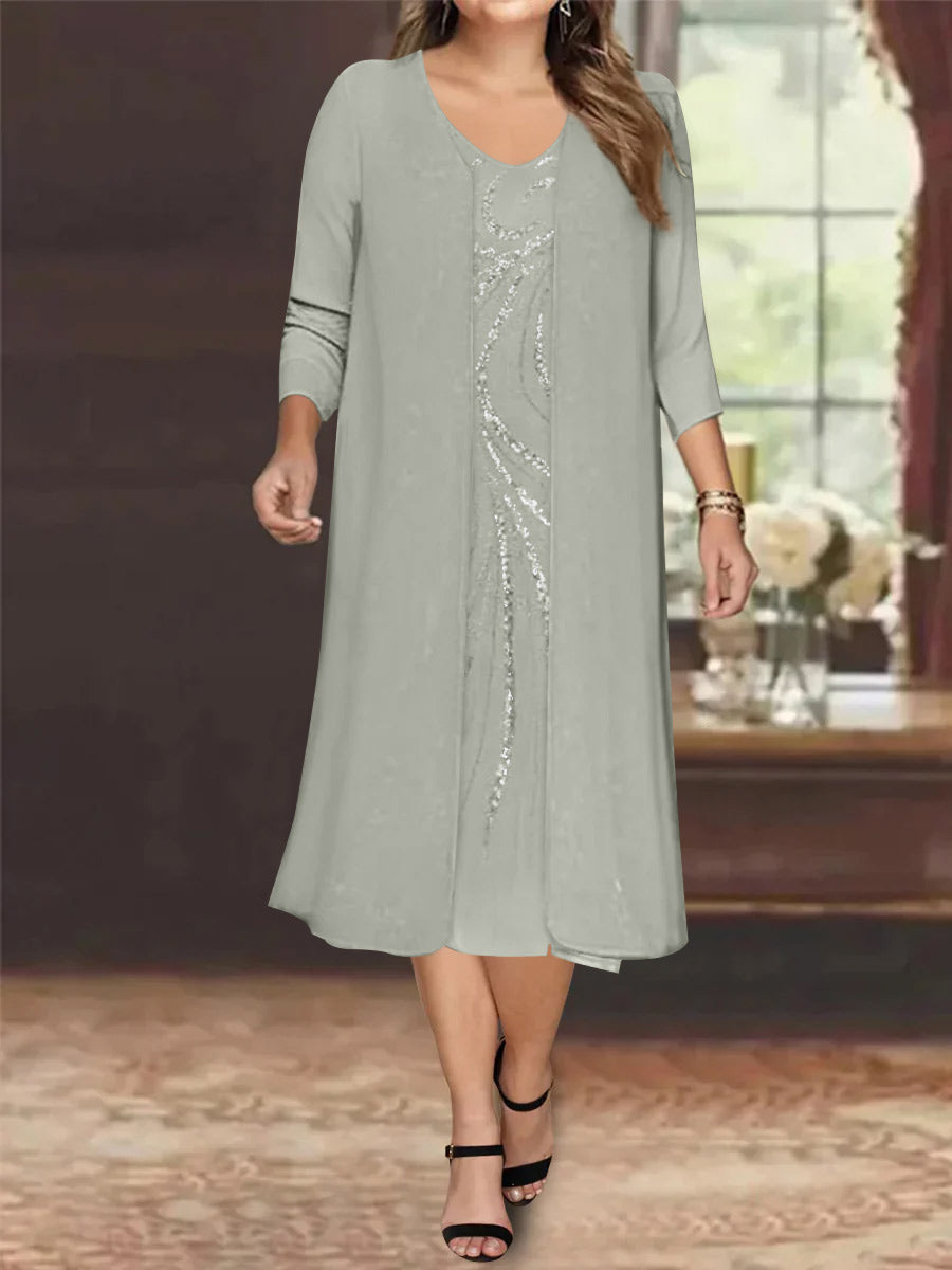 Sheath/Column V-Neck Long Sleeves Tea-Length Plus Size Mother of the Bride Dresses with Jacket & Sequins Beading