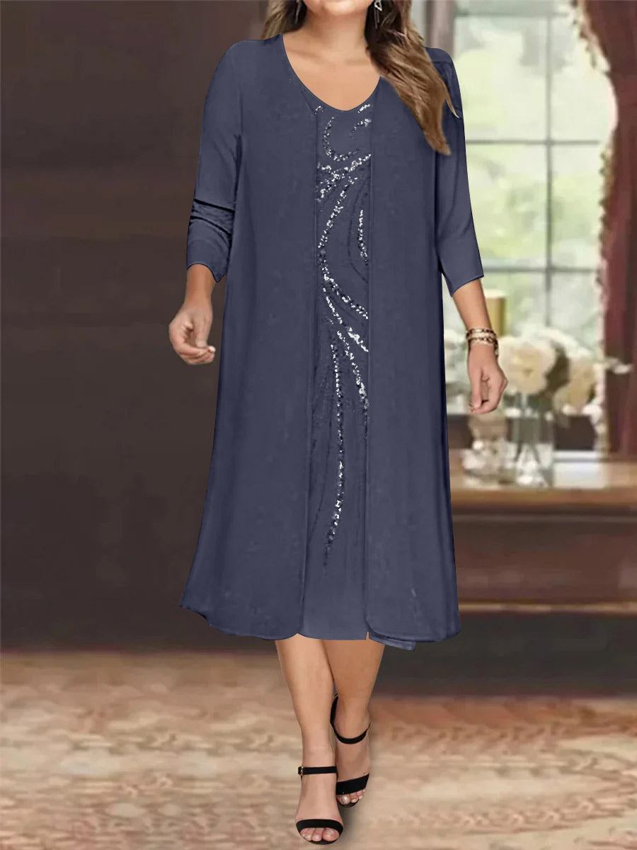 Sheath/Column V-Neck Long Sleeves Tea-Length Plus Size Mother of the Bride Dresses with Jacket & Sequins Beading