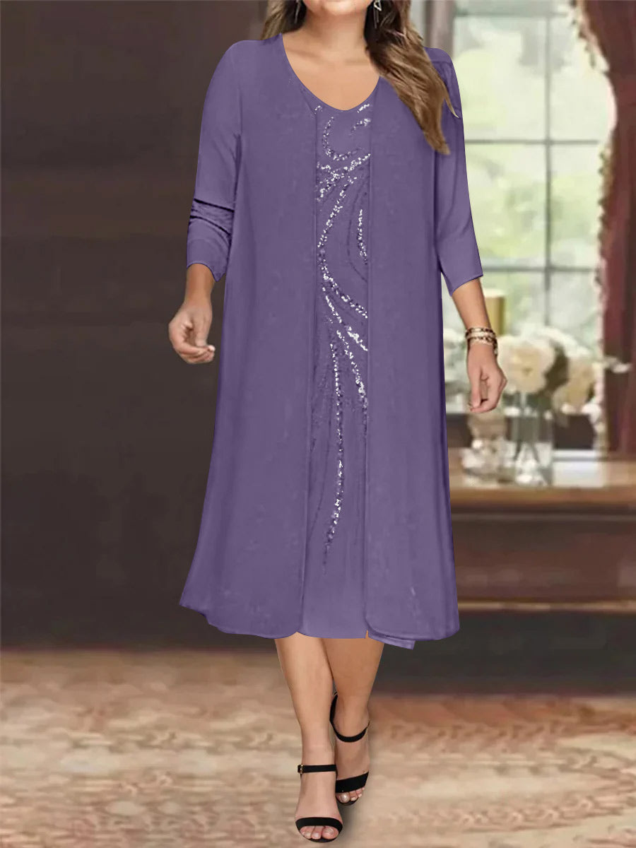 Sheath/Column V-Neck Long Sleeves Tea-Length Plus Size Mother of the Bride Dresses with Jacket & Sequins Beading