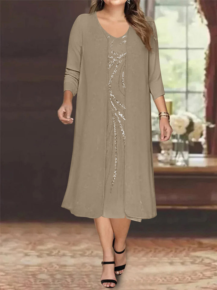 Sheath/Column V-Neck Long Sleeves Tea-Length Plus Size Mother of the Bride Dresses with Jacket & Sequins Beading