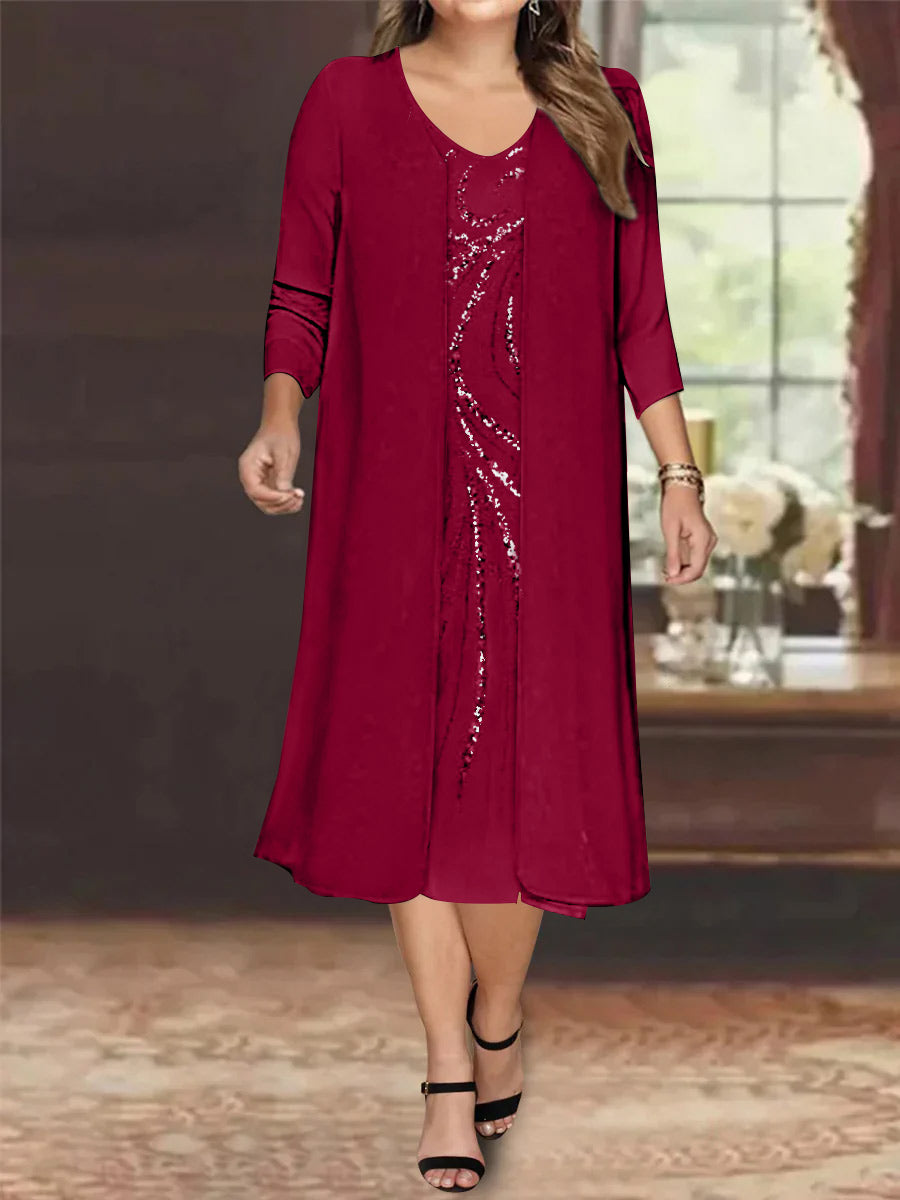 Sheath/Column V-Neck Long Sleeves Tea-Length Plus Size Mother of the Bride Dresses with Jacket & Sequins Beading