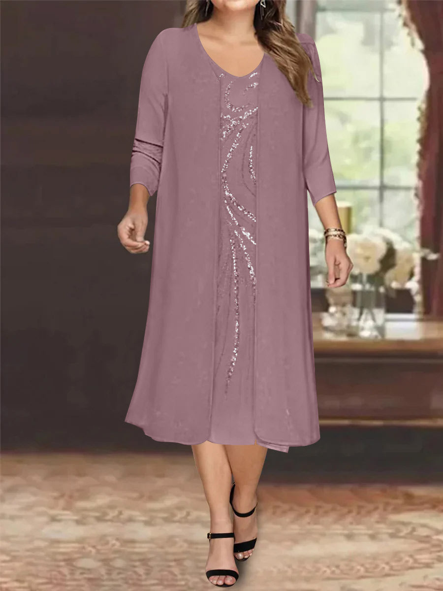 Sheath/Column V-Neck Long Sleeves Tea-Length Plus Size Mother of the Bride Dresses with Jacket & Sequins Beading