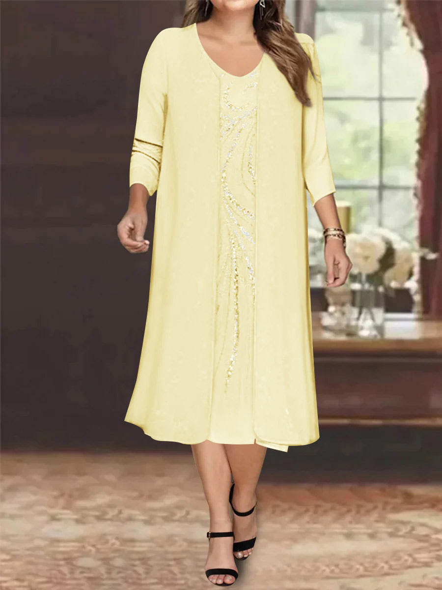 Sheath/Column V-Neck Long Sleeves Tea-Length Plus Size Mother of the Bride Dresses with Jacket & Sequins Beading