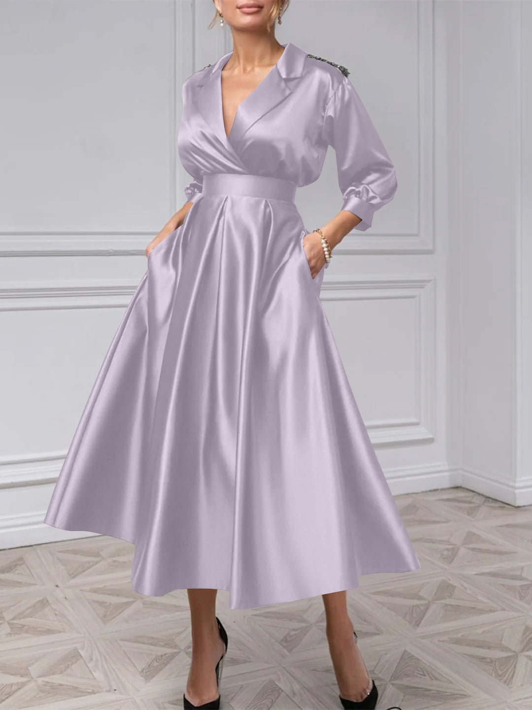 A-Line/Princess V-Neck 3/4 Sleeves Mother Of The Bride Dresses With Beading