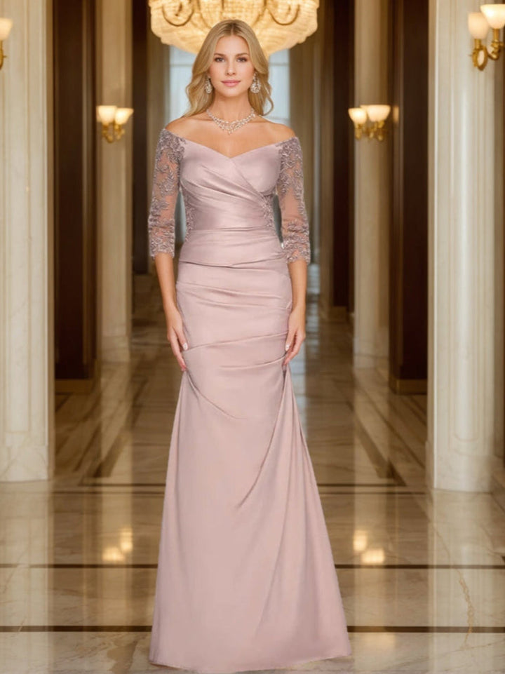 Trumpet/Mermaid V-Neck 3/4 Sleeves Ruched Mother Of The Bride Dresses with Appliques