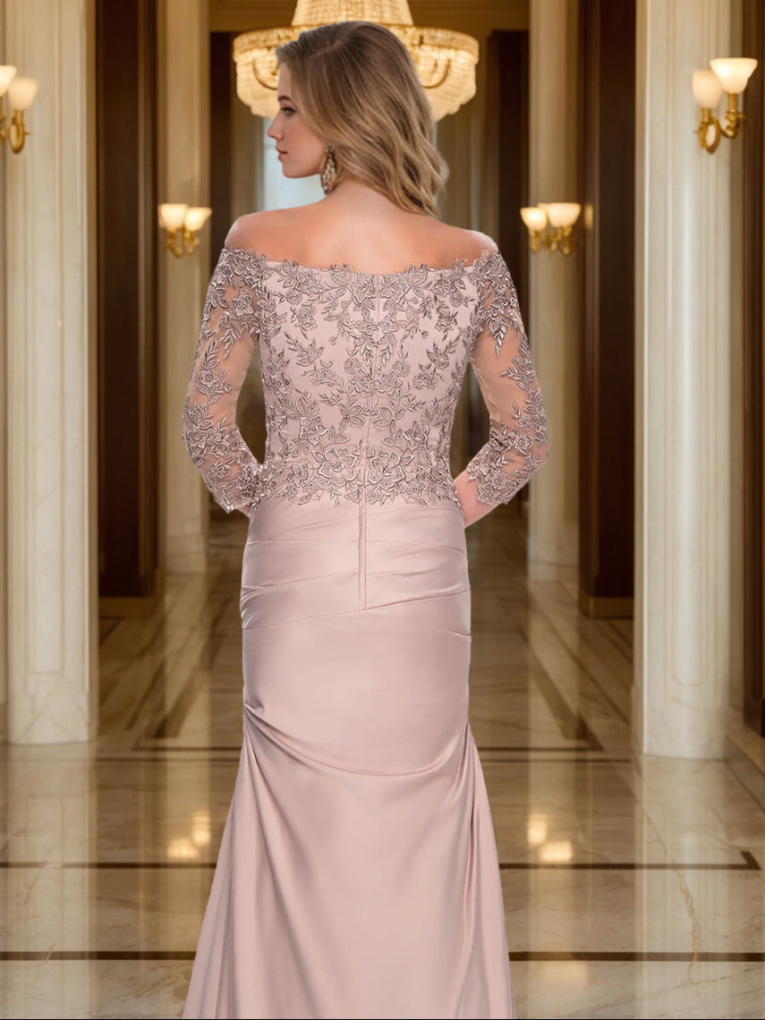 Trumpet/Mermaid V-Neck 3/4 Sleeves Ruched Mother Of The Bride Dresses with Appliques