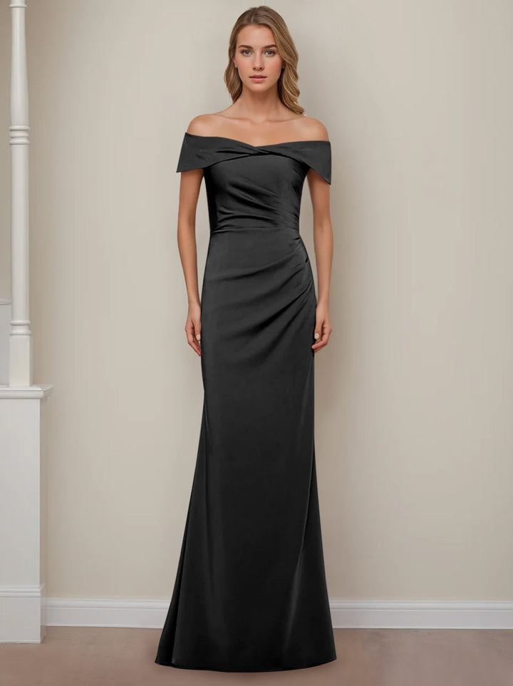 Sheath/Column Off-the-Shoulder Short Sleeves Floor-Length Mother of The Bride Dresses With Ruffles