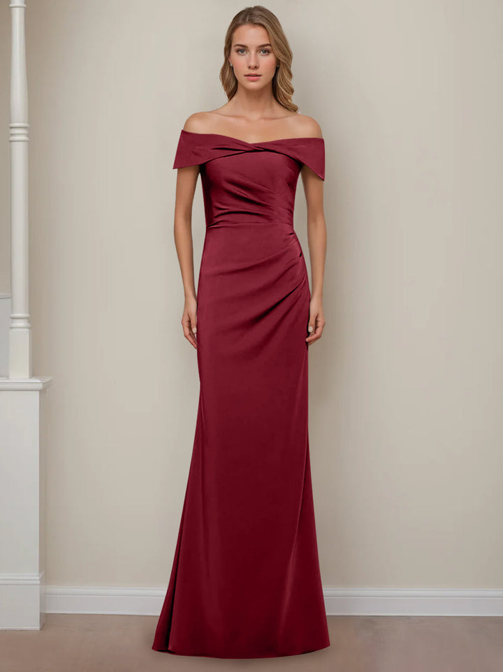 Sheath/Column Off-the-Shoulder Short Sleeves Floor-Length Mother of The Bride Dresses With Ruffles