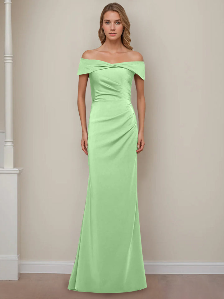 Sheath/Column Off-the-Shoulder Short Sleeves Floor-Length Mother of The Bride Dresses With Ruffles