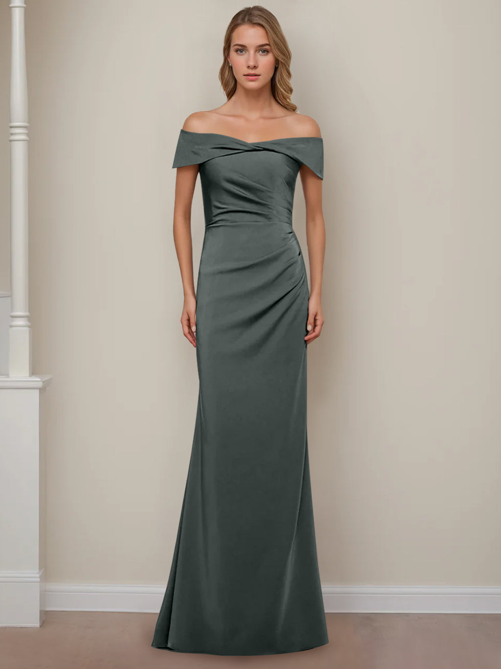 Sheath/Column Off-the-Shoulder Short Sleeves Floor-Length Mother of The Bride Dresses With Ruffles