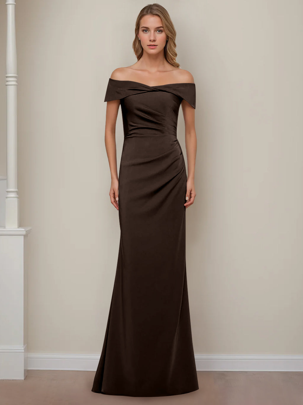 Sheath/Column Off-the-Shoulder Short Sleeves Floor-Length Mother of The Bride Dresses With Ruffles