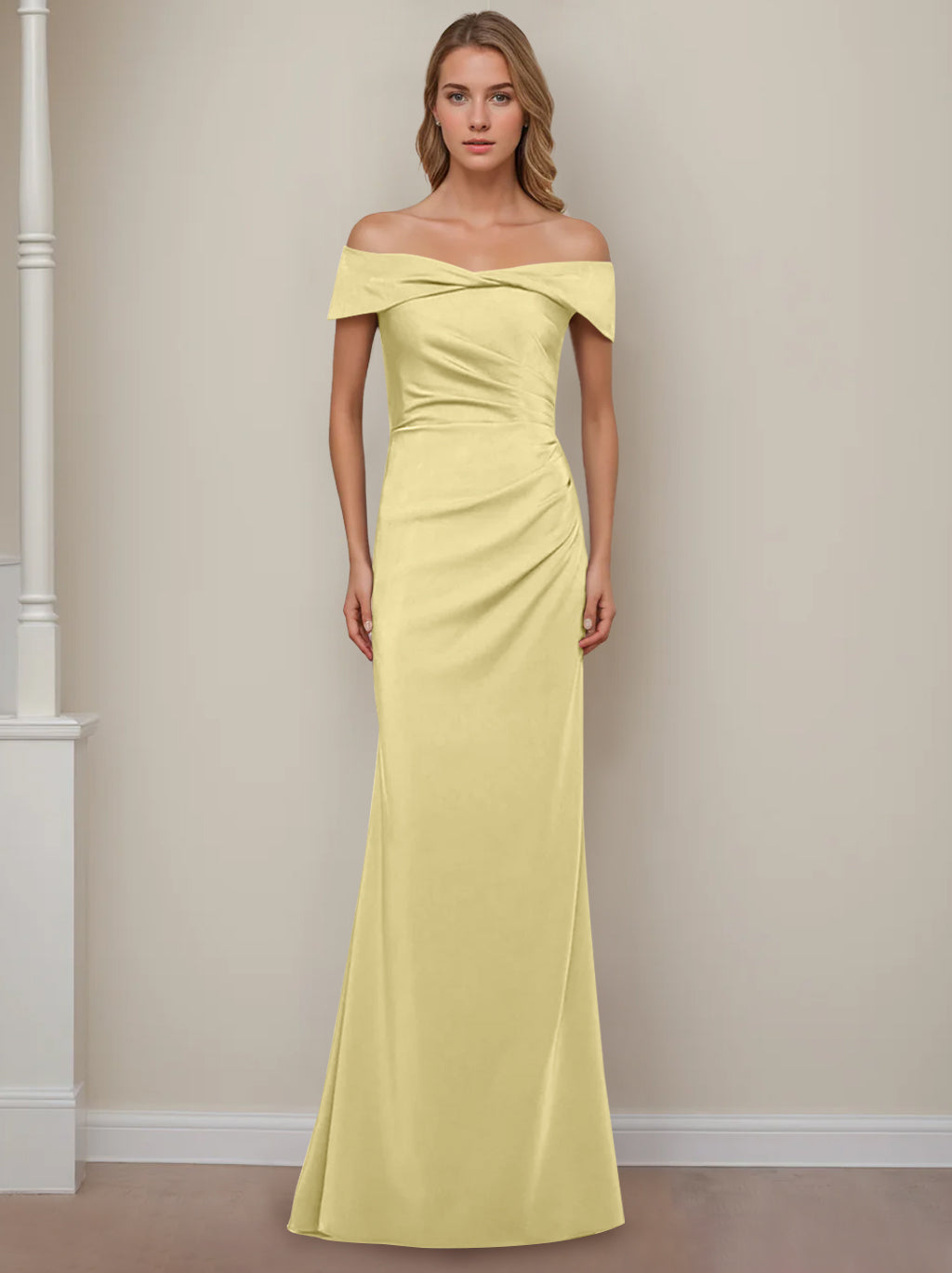 Sheath/Column Off-the-Shoulder Short Sleeves Floor-Length Mother of The Bride Dresses With Ruffles