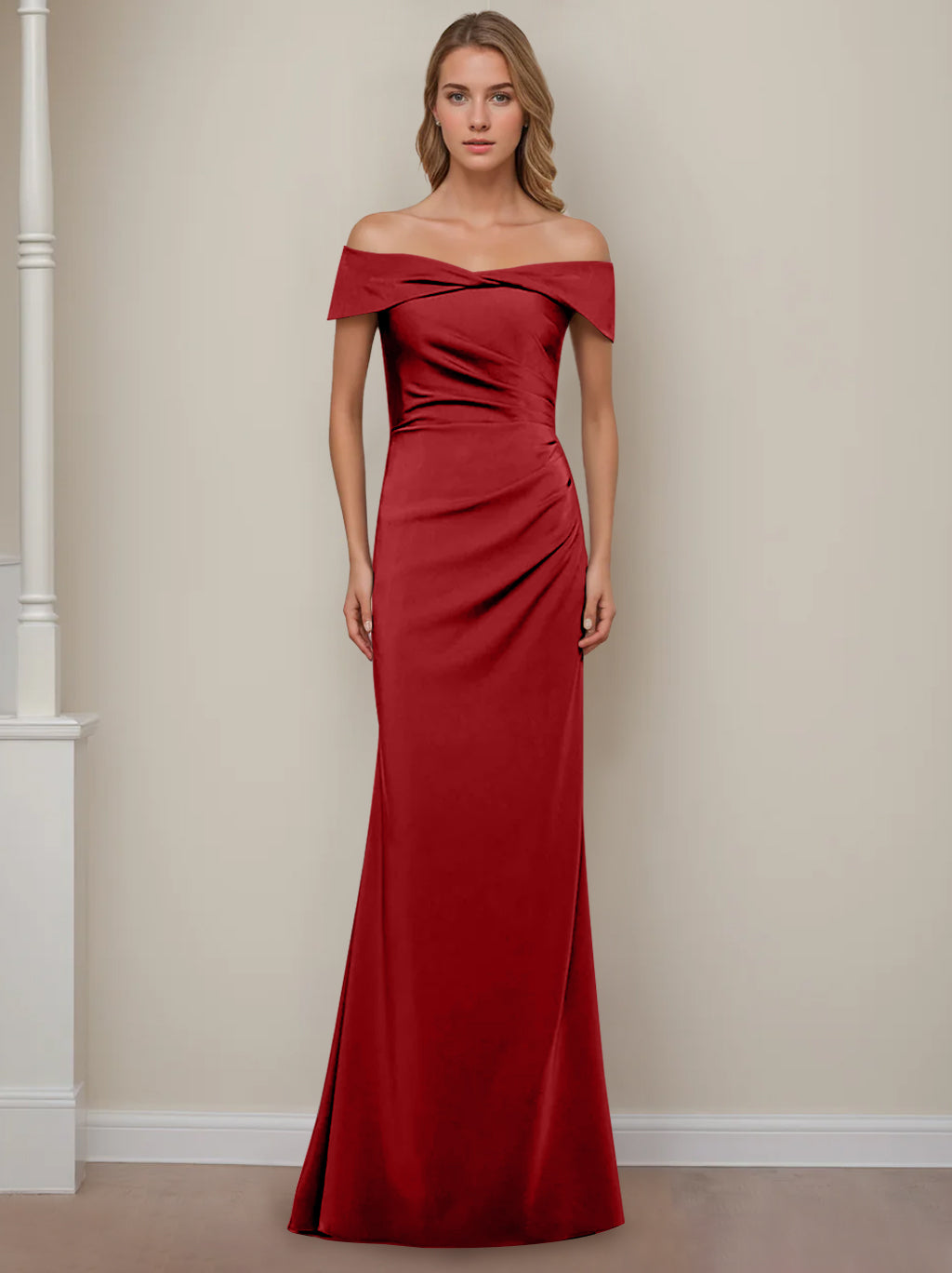 Sheath/Column Off-the-Shoulder Short Sleeves Floor-Length Mother of The Bride Dresses With Ruffles