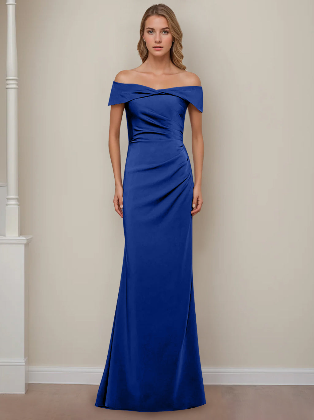 Sheath/Column Off-the-Shoulder Short Sleeves Floor-Length Mother of The Bride Dresses With Ruffles