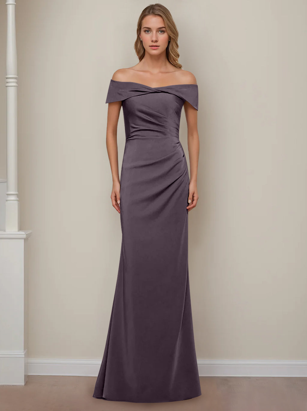 Sheath/Column Off-the-Shoulder Short Sleeves Floor-Length Mother of The Bride Dresses With Ruffles