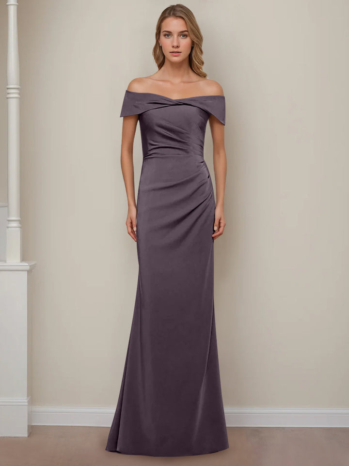 Sheath/Column Off-the-Shoulder Short Sleeves Floor-Length Mother of The Bride Dresses With Ruffles