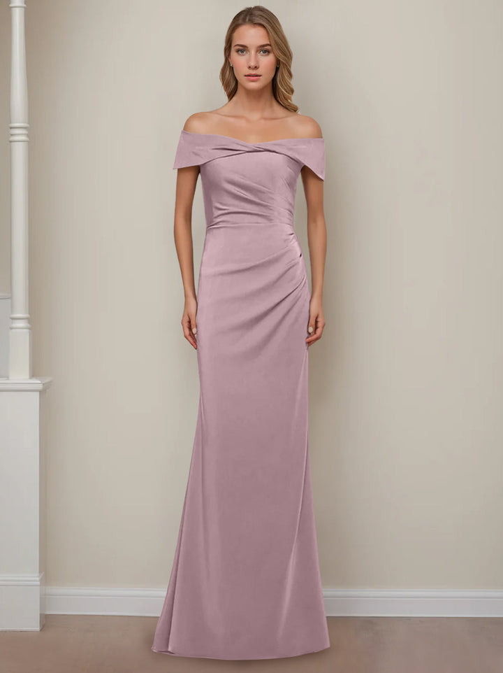 Sheath/Column Off-the-Shoulder Short Sleeves Floor-Length Mother of The Bride Dresses With Ruffles