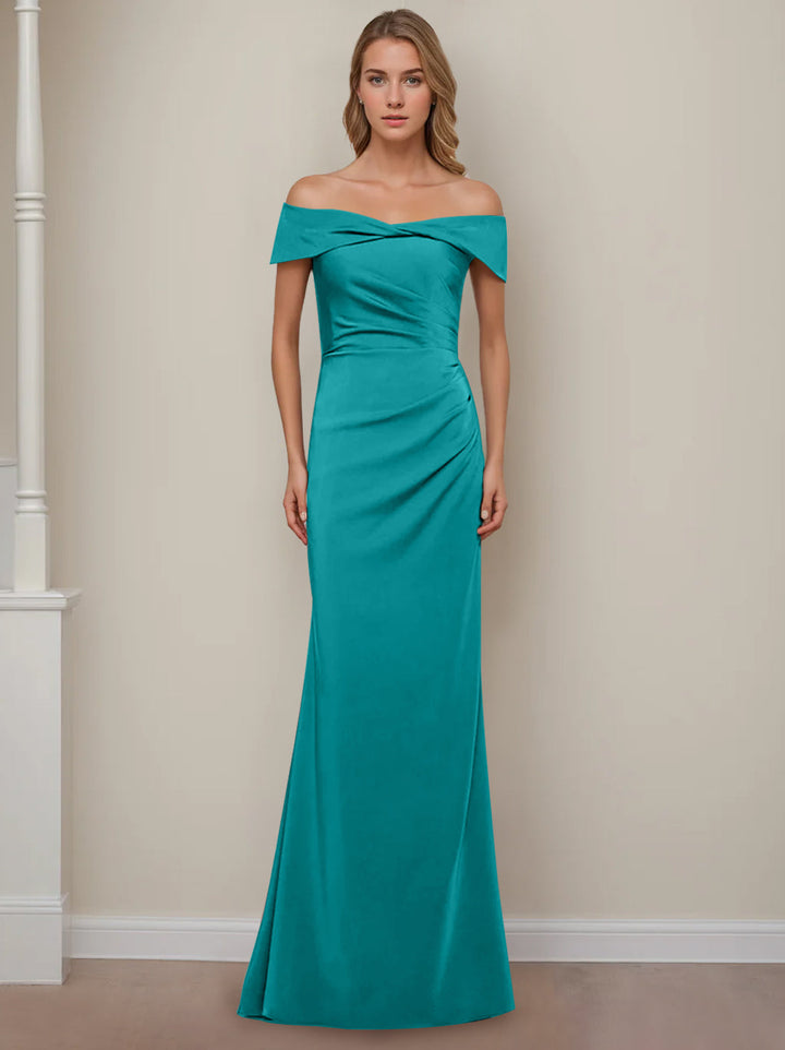 Sheath/Column Off-the-Shoulder Short Sleeves Floor-Length Mother of The Bride Dresses With Ruffles