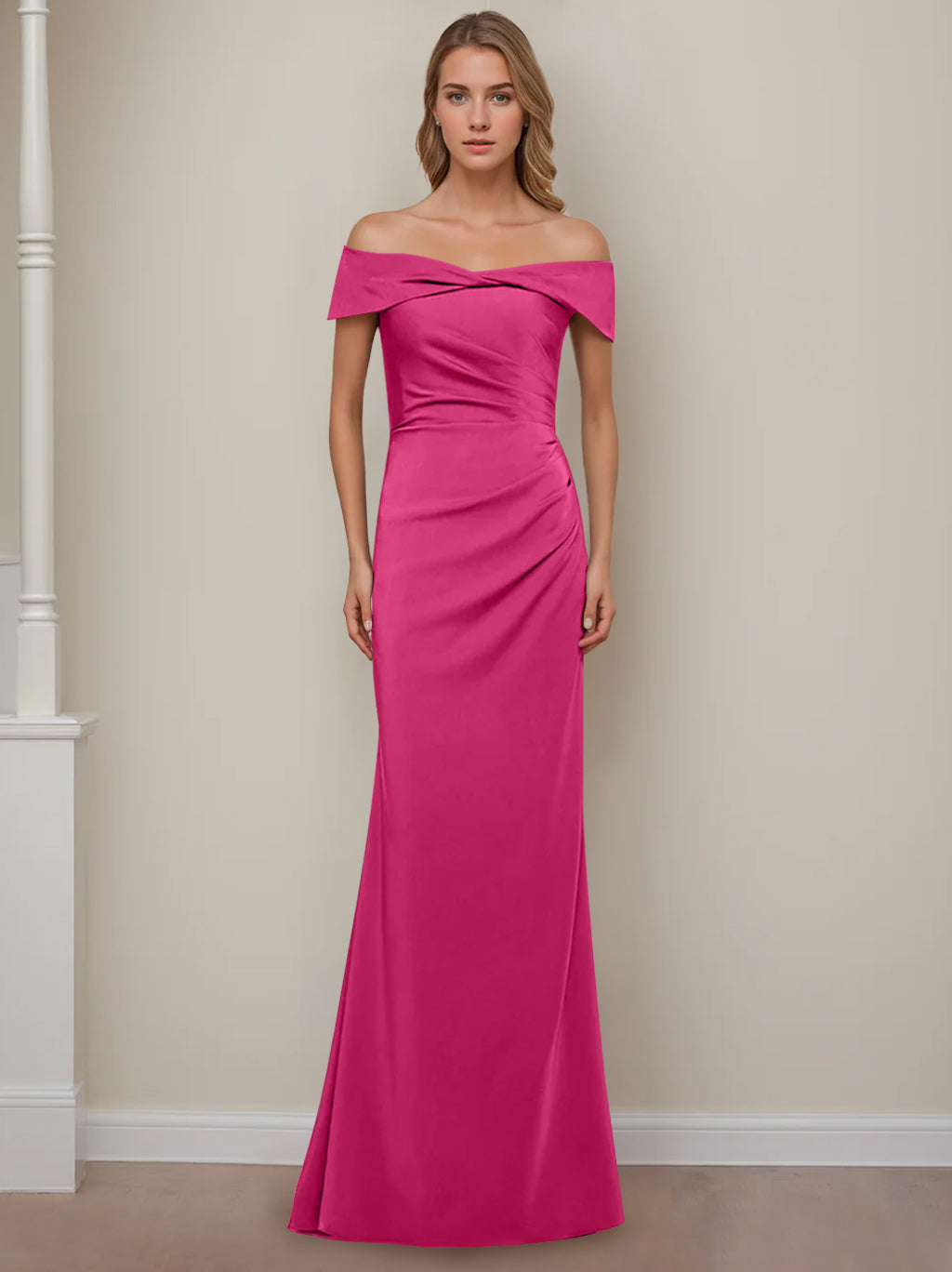 Sheath/Column Off-the-Shoulder Short Sleeves Floor-Length Mother of The Bride Dresses With Ruffles