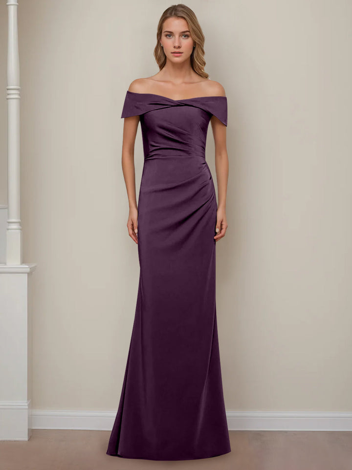 Sheath/Column Off-the-Shoulder Short Sleeves Floor-Length Mother of The Bride Dresses With Ruffles