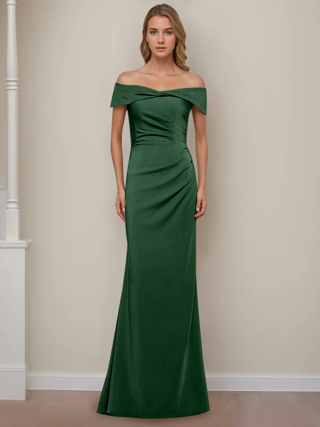 Sheath/Column Off-the-Shoulder Short Sleeves Floor-Length Mother of The Bride Dresses With Ruffles