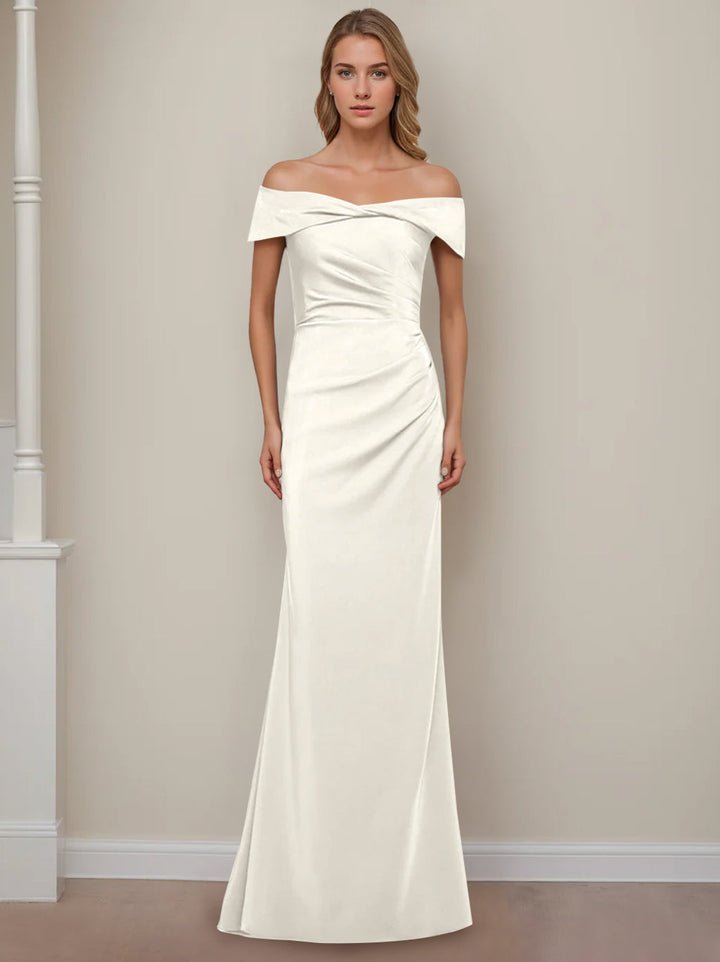 Sheath/Column Off-the-Shoulder Short Sleeves Floor-Length Mother of The Bride Dresses With Ruffles