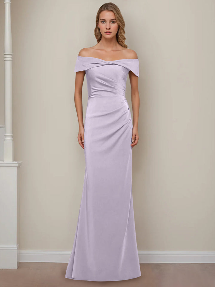Sheath/Column Off-the-Shoulder Short Sleeves Floor-Length Mother of The Bride Dresses With Ruffles
