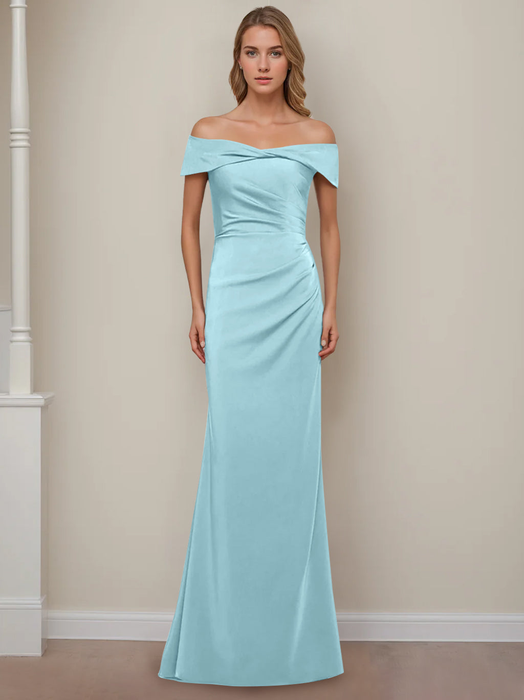 Sheath/Column Off-the-Shoulder Short Sleeves Floor-Length Mother of The Bride Dresses With Ruffles