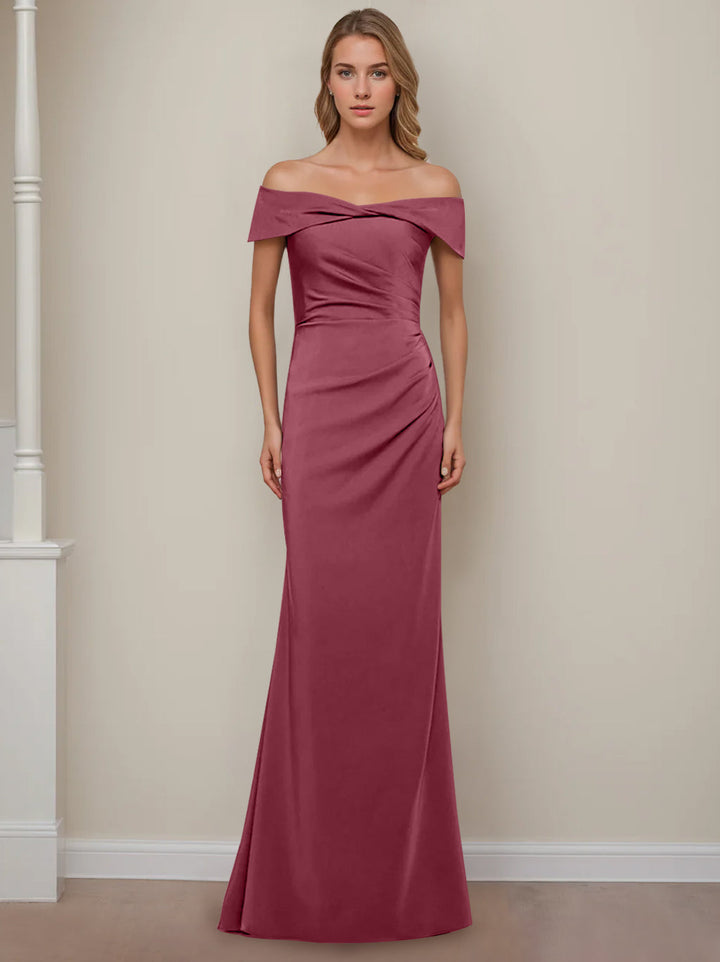 Sheath/Column Off-the-Shoulder Short Sleeves Floor-Length Mother of The Bride Dresses With Ruffles