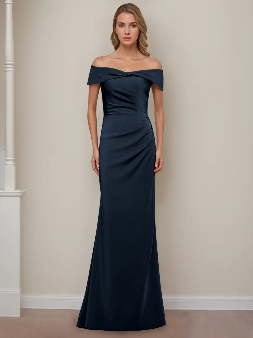 Sheath/Column Off-the-Shoulder Short Sleeves Floor-Length Mother of The Bride Dresses With Ruffles
