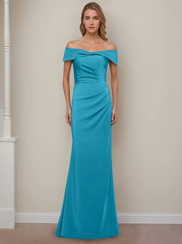 Sheath/Column Off-the-Shoulder Short Sleeves Floor-Length Mother of The Bride Dresses With Ruffles